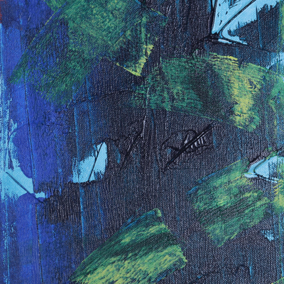 'Fishing Fantasy' - Signed Expressionist Painting in Blue and Green from India