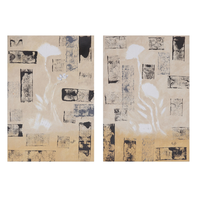 Diptych, 'Floral Symphony' - Signed Abstract Diptych in Beige from India
