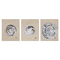 Triptych, 'Circle of Light' - Signed Abstract Triptych in Beige from India