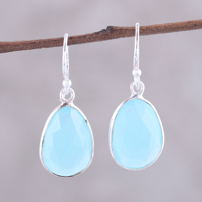 Chalcedony dangle earrings, 'Radiant Sea' - 12-Carat Blue Chalcedony Dangle Earrings from India
