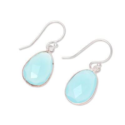 Chalcedony dangle earrings, 'Radiant Sea' - 12-Carat Blue Chalcedony Dangle Earrings from India
