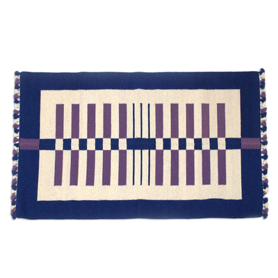 Wool area rug, 'Playful Lines' (3x5) - Blue and Lavender Stripes on Ivory Wool Area Rug (3x5)