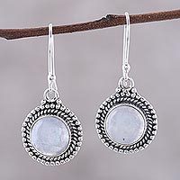 Rainbow moonstone dangle earrings, 'Moonlight Dots' - Round Rainbow Moonstone Dangle Earrings from India