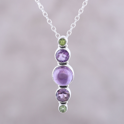 Amethyst and peridot pendant necklace, 'Glittering Union' - Amethyst and Peridot Pendant Necklace Crafted in India