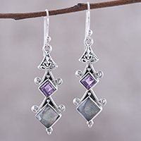 Labradorite and amethyst dangle earrings, 'Tower Charm' - Square Labradorite and Amethyst Dangle Earrings from India
