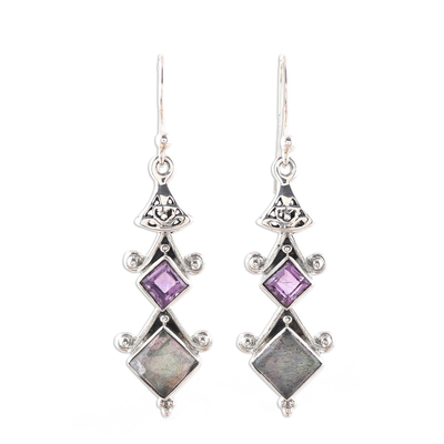 Square Labradorite and Amethyst Dangle Earrings from India