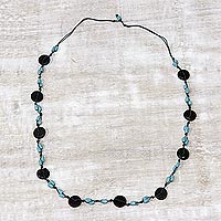 Wood beaded long necklace, 'Creative Fusion in Blue' - Haldu Wood Beaded Long Necklace in Blue from India