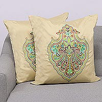 Embroidered cushion covers, 'Regal Garden in Green' (pair) - Floral Embroidered Cushion Covers in Green from India (Pair)