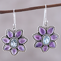 Blue topaz and amethyst dangle earrings, 'Chrysanthemum Blossoms' - Blue Topaz and Amethyst Dangle Earrings from India