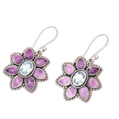 Blue topaz and amethyst dangle earrings, 'Chrysanthemum Blossoms' - Blue Topaz and Amethyst Dangle Earrings from India