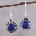 Lapis lazuli dangle earrings, 'Moonlight Dots' - Round Lapis Lazuli Dangle Earrings from India