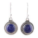 Lapis lazuli dangle earrings, 'Moonlight Dots' - Round Lapis Lazuli Dangle Earrings from India