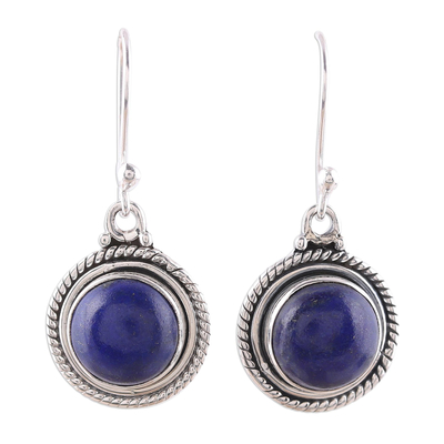 Lapis lazuli dangle earrings, 'Moonlight Dots' - Round Lapis Lazuli Dangle Earrings from India