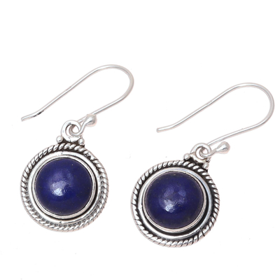 Lapis lazuli dangle earrings, 'Moonlight Dots' - Round Lapis Lazuli Dangle Earrings from India