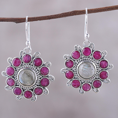 Labradorite and agate dangle earrings, 'Goddess Blooms' - Circular Labradorite and Agate Dangle Earrings from India