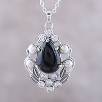 Onyx and cultured pearl pendant necklace, 'Basket of Blossoms'