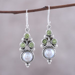 Peridot and cultured pearl dangle earrings, 'Verdant Castle' - Peridot and Cultured Pearl Dangle Earrings from India