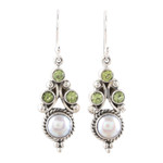 Peridot and cultured pearl dangle earrings, 'Verdant Castle' - Peridot and Cultured Pearl Dangle Earrings from India