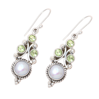 Peridot and cultured pearl dangle earrings, 'Verdant Castle' - Peridot and Cultured Pearl Dangle Earrings from India