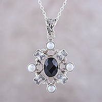 Onyx and cultured pearl pendant necklace, 'Alluring Style' - Black Onyx and Cultured Pearl Pendant Necklace from India