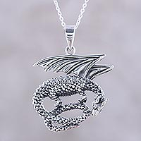 Sterling silver pendant necklace, 'Curled Dragon'