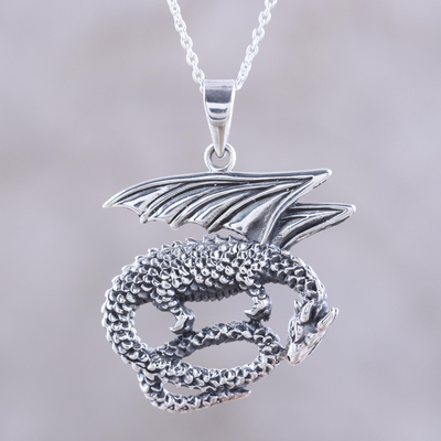 Sterling silver pendant necklace, 'Curled Dragon' - Sterling Silver Dragon Pendant Necklace from India