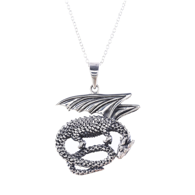 Sterling silver pendant necklace, 'Curled Dragon' - Sterling Silver Dragon Pendant Necklace from India
