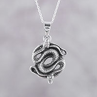Sterling silver pendant necklace, 'Snake Lovers' - Sterling Silver Pendant Necklace of Two Snakes from India
