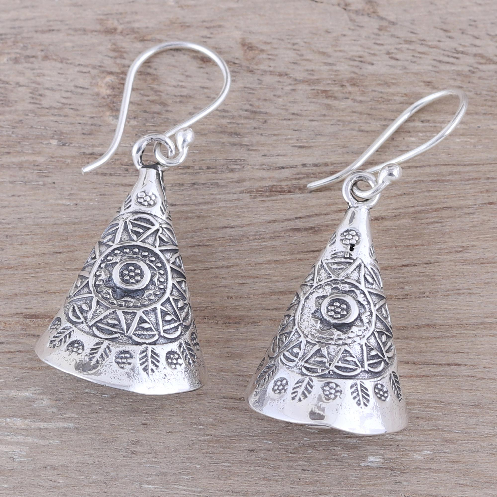 Patterned Cone Sterling Silver Dangle Earrings from India - Creative ...