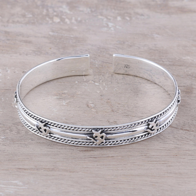 Sterling silver cuff bracelet, 'Om Delight' - Om Pattern Sterling Silver Cuff Bracelet from India
