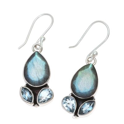 Labradorite and blue topaz dangle earrings, 'Misty Rain' - Labradorite and Blue Topaz Sterling Silver Dangle Earrings