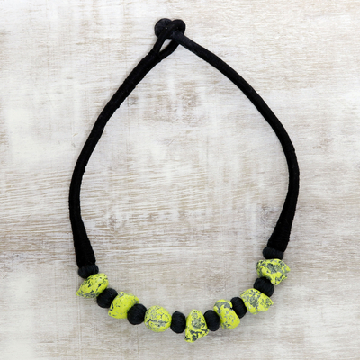 Bone beaded necklace, 'Nuggets of Sunshine' - Yellow Buffalo Bone Bead on Black Cotton Cord Necklace