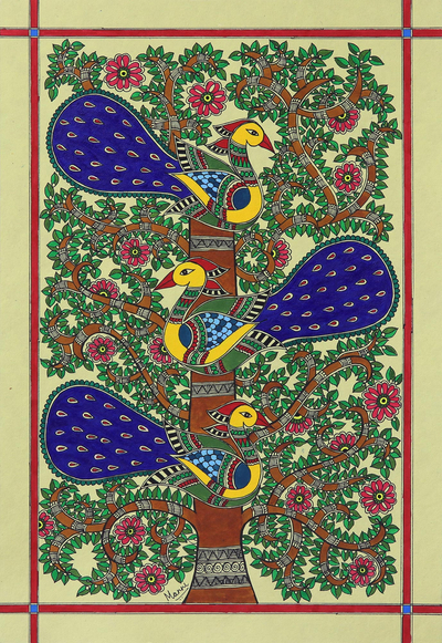 Madhubani painting, 'Majestic Trio' - Signed Madhubani Folk Art Acrylic Peacock Painting