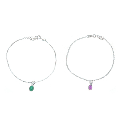 Amethyst and onyx charm bracelets, 'Dainty Duo in Purple and Green' (pair) - Amethyst Green Onyx Sterling Silver Charm Bracelets (Pair)