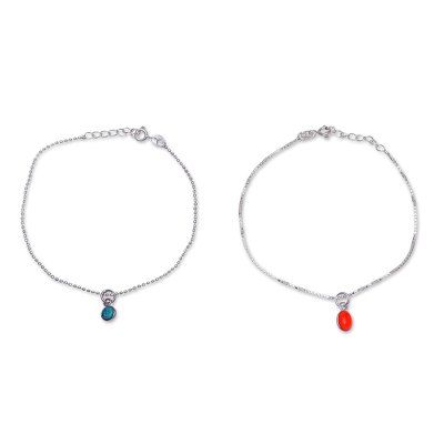 Multi-gemstone charm bracelets, 'Dainty Duo in Orange and Blue' (pair) - Multiple Gemstone Sterling Silver Charm Bracelets (Pair)