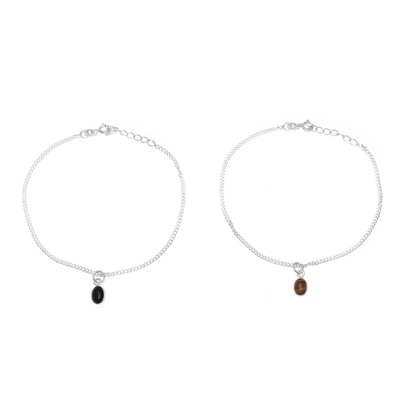 Onyx and tiger's eye charm bracelets, 'Dainty Duo in Brown and Black' (pair) - Tiger's Eye and Onyx Sterling Silver Charm Bracelets (Pair)