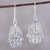 Sterling silver dangle earrings, 'Elegant Hamsa' - Hamsa Protection Motif Sterling Silver Dangle Earrings