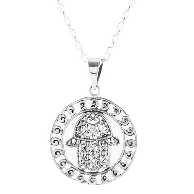 Sterling silver pendant necklace, 'Encircled Hamsa' - Sterling Silver Hamsa Motif Circular Pendant Necklace
