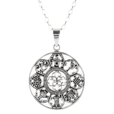 Sterling silver pendant necklace, 'Sacred Eight' - Ashtamangala Motifs Sterling Silver Pendant Necklace