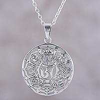 Sterling silver pendant necklace, 'Floral Ashtamangala' - Ashtamangala Flower Sterling Silver Pendant Necklace
