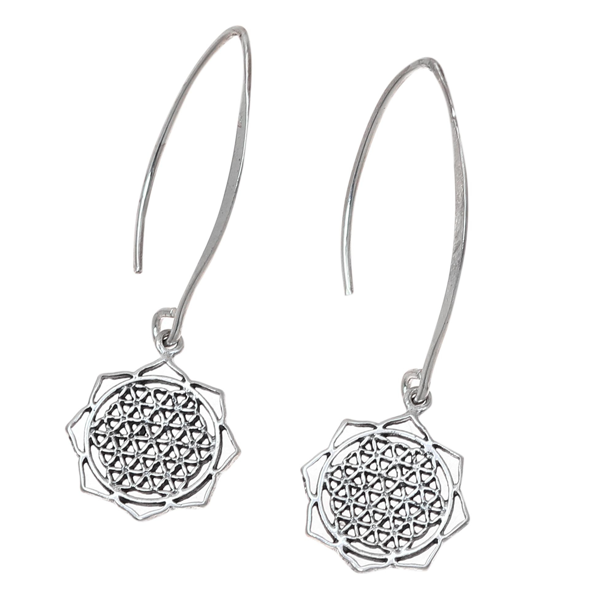 Shri Yantra Mantra Motif Sterling Silver Dangle Earrings Shri Yantra Mantra Glory Novica