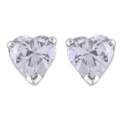 Sterling silver stud earrings, 'Glittering Heart' - Sterling Silver and CZ Heart Stud Earrings from India