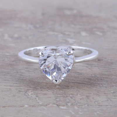 Sterling silver cocktail ring, 'Glittering Heart' - Sterling Silver and CZ Heart Cocktail Ring from India