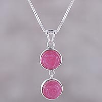 Quartz pendant necklace, 'Blissful Rose' - Rose Flower Quartz Pendant Necklace from India