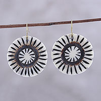 Bone dangle earrings, 'Grand Bloom in Off-White' - Handcrafted Off-White Buffalo Bone Flower Dangle Earrings