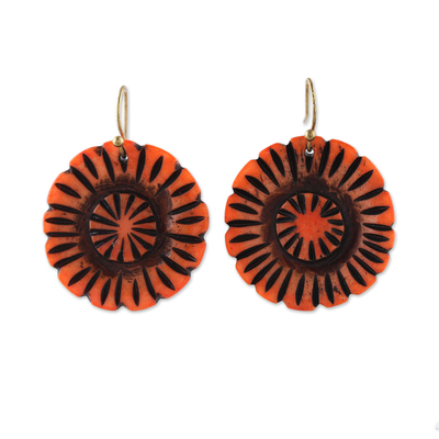 Bone dangle earrings, 'Grand Bloom in Orange' - Handcrafted Orange Buffalo Bone Flower Dangle Earrings