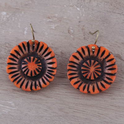 Bone dangle earrings, 'Grand Bloom in Orange' - Handcrafted Orange Buffalo Bone Flower Dangle Earrings