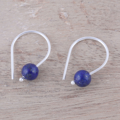 Lapis lazuli drop earrings, 'Sea Droplet' - Lapis Lazuli Round Bead and Sterling Silver Drop Earrings