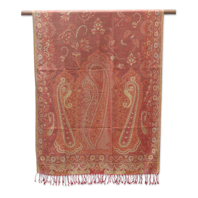 Viscose blend shawl, 'Regal Paisleys' - Paisley Pattern Viscose Blend Shawl in Saffron from India