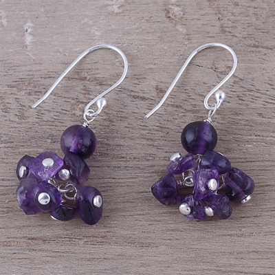 Amethyst dangle earrings, 'Dances in Purple' - Handcrafted 925 Sterling Silver and Amethyst Dangle Earrings